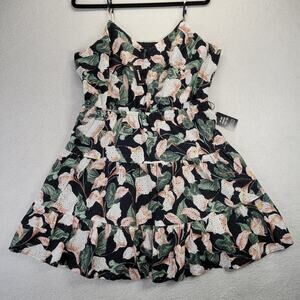 Express Tiered Trapeze Dress Womens Large Floral Print Eyelet V-Neck Tiered